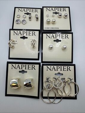 6 Pairs of Napier Silver-Tone and Faux Pearl Earrings